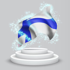 Finland, vector 3d flag on the podium surrounded by a whirlwind of magical radiance