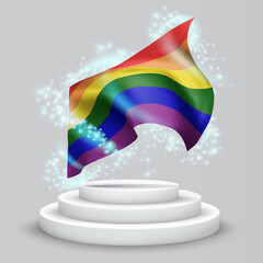 Rainbow, vector 3d flag on the podium surrounded by a whirlwind of magical radiance