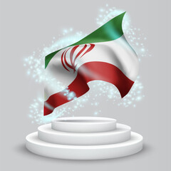 Iran, vector 3d flag on the podium surrounded by a whirlwind of magical radiance