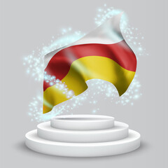 South Ossetia, vector 3d flag on the podium surrounded by a whirlwind of magical radiance