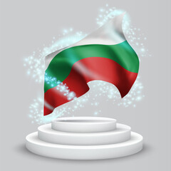 Bulgaria, vector 3d flag on the podium surrounded by a whirlwind of magical radiance