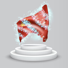 China, vector 3d flag on the podium surrounded by a whirlwind of magical radiance