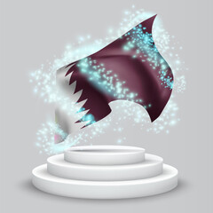 Qatar, vector 3d flag on the podium surrounded by a whirlwind of magical radiance