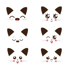 Cat head icons. Set of flat cartoon cats in kawaii style isolated. Collection of cat faces, emoticons, images, signs. Vector