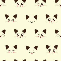 Seamless pattern with cat face in kawaii style with different emotions. Baby vector design