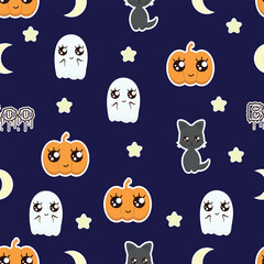 Seamless vector pattern with ghosts, pumpkins in kawaii style on a blue background