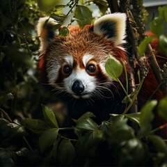 Naklejka premium Red Panda Sitting Under Bamboo Plant in Natural Habitat