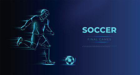Fototapeta premium Soccer player. Man playing with ball. Glowing neon sportsman silhouette. Footballers action. Sport competition. Football match. Goal shot in game. Pass in motion. Vector background