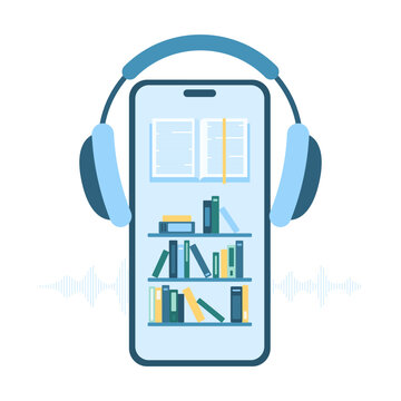 Audiobook and headphones to listen MP3 sound, ebook and guide vector illustration. Cartoon isolated mobile phone with earphones and audiobook online app, book store or library shelves on screen