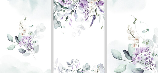 Watercolor floral illustration bouquet set collection blue violet purple green frame, border, bouquet, wreath; wedding stationary, greetings, wallpaper, fashion, posters background. Leaves, rose. - 648919890