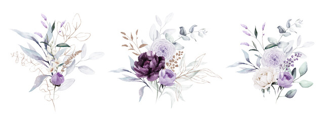 Watercolor floral bouquet illustration set - violet purple blue gold flower green leaf leaves branches bouquets collection. Wedding stationary, greetings, wallpapers, fashion, background.