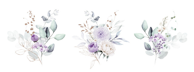 Watercolor floral bouquet illustration set - violet purple blue gold flower green leaf leaves branches bouquets collection. Wedding stationary, greetings, wallpapers, fashion, background. - 648920024
