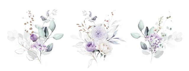 Foto op Aluminium Watercolor floral bouquet illustration set - violet purple blue gold flower green leaf leaves branches bouquets collection. Wedding stationary, greetings, wallpapers, fashion, background. © Veris Studio