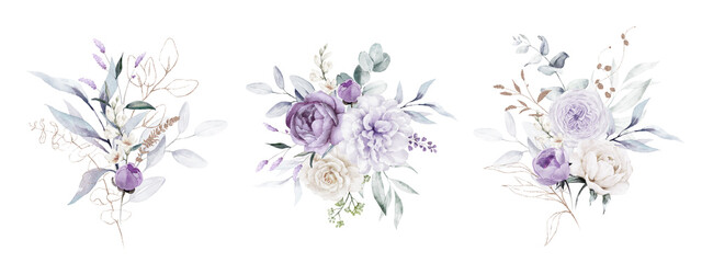 Watercolor floral bouquet illustration set - violet purple blue gold flower green leaf leaves branches bouquets collection. Wedding stationary, greetings, wallpapers, fashion, background.