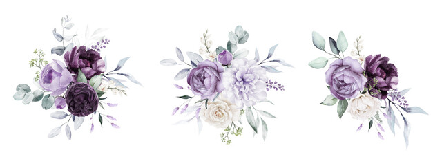 Watercolor floral bouquet illustration set - violet purple blue flower green leaf leaves branches bouquets collection. Wedding stationary, greetings, wallpapers, fashion, background. - 648920047