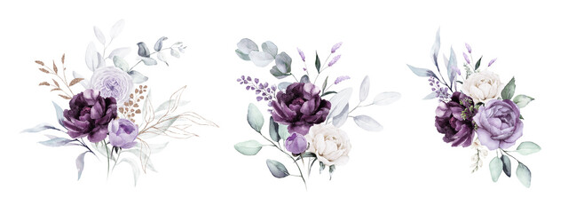 Watercolor floral bouquet illustration set - violet purple blue gold flower green leaf leaves branches bouquets collection. Wedding stationary, greetings, wallpapers, fashion, background.