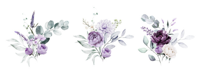 Watercolor floral bouquet illustration set - violet purple blue flower green leaf leaves branches bouquets collection. Wedding stationary, greetings, wallpapers, fashion, background. - obrazy, fototapety, plakaty