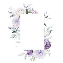 Watercolor floral frame - illustration with violet purple blue flowers, green leaves, for wedding stationary, greetings, wallpapers, fashion, backgrounds, textures.