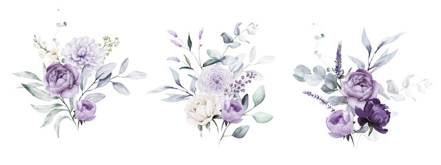 Watercolor floral bouquet illustration set - violet purple blue flower green leaf leaves branches bouquets collection. Wedding stationary, greetings, wallpapers, fashion, background.