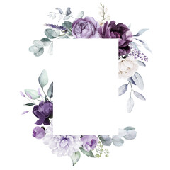 Watercolor floral frame - illustration with violet purple blue flowers, green leaves, for wedding stationary, greetings, wallpapers, fashion, backgrounds, textures.