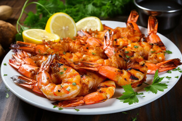 Grilled jumbo king shrimps, seafood restaurant dish with sauce. - obrazy, fototapety, plakaty
