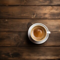 cup with cappuccino (hot coffee with milk foam) and canella (cinnamon) on wooden table , top view.