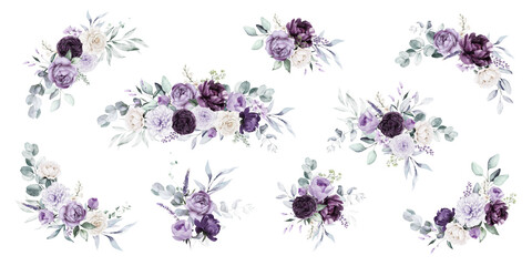 Watercolor floral illustration bouquet set collection blue violet purple green frame, border, bouquet; wedding stationary, greetings, wallpaper, fashion, posters background. Leaves, rose. - 648920406