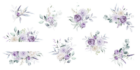 Watercolor floral illustration bouquet set collection blue violet purple green frame, border, bouquet; wedding stationary, greetings, wallpaper, fashion, posters background. Leaves, rose. - 648920409