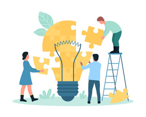 Teamwork to develop creative idea, insight vector illustration. Cartoon tiny people build light bulb from puzzle pieces, collaboration of inventors group to create success innovation together