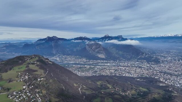 Large aerial shot over Grenoble France Alps mountains