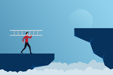 Overcome business obstacle, businessman lift ladders on his shoulder to climb up the high cliff, challenge to solve business problem and see opportunity concept