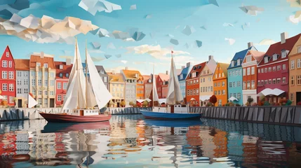 Fotobehang Paper art and craft design with river and sailboat in Copenhagen Denmark. Created using generative AI. © Sun