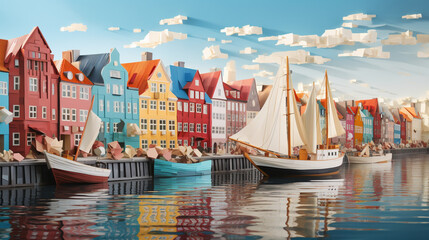Colorful building in Copenhagen Denmark background in paper art and craft design concept. Created using generative AI. - obrazy, fototapety, plakaty