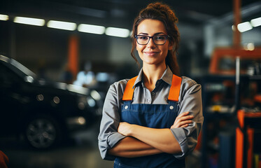 Portrait of a beautiful female auto mechanic wearing safety glasses stands with her arms crossed in an auto workshop. Professional machine maintenance.