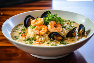 Seafood risotto sprinkled with microgreens as restaurant menu dish.