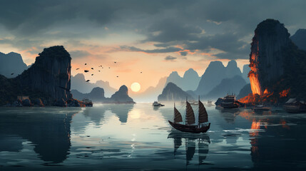 Ha Long Bay Vietnam in evening with junk ship in paper art and craft design concept. Created using generative AI.