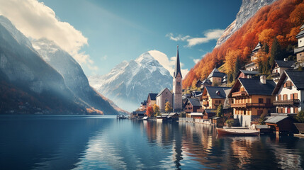 Morning time in Hallstatt Village wallpaper in paper art and craft design concept and animation. Created using generative AI. - obrazy, fototapety, plakaty