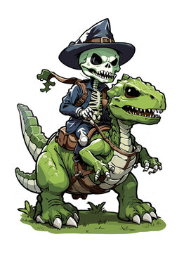 cute skeleton riding green dinosaur style halloween illustration wallpaper