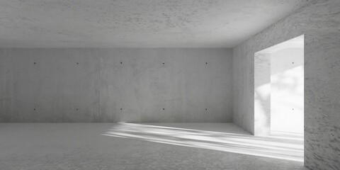 Abstract empty, modern concrete room with light thru doorframe opening with tree shadow and rough floor - industrial interior background template - obrazy, fototapety, plakaty