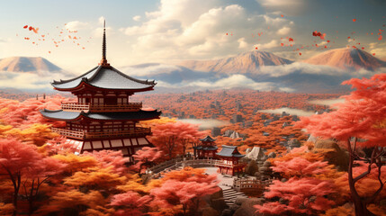 Naklejka premium Kiyomizu dera temple in vanilla sky in paper art and craft design concept. Created using generative AI.