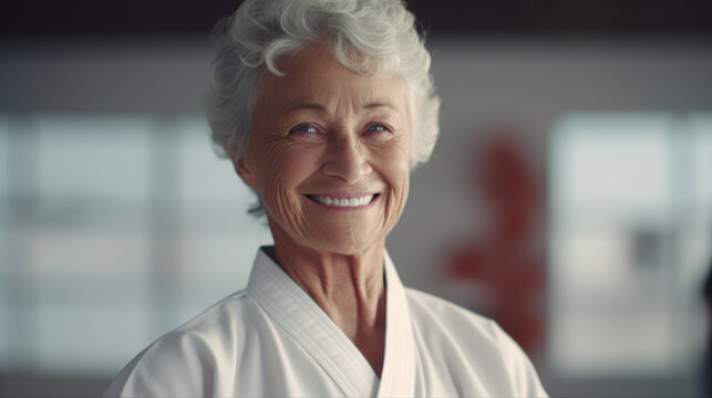 Karate Joy: A Portrait Of A Happy Senior Woman Thriving In Her Karate Course.