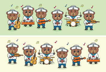 Vector Illustration of Cute Bear sailors Music Band. Big set of cute Animal cartoon in professions. Cartoon flat style.