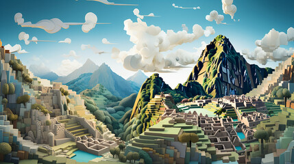 Blue sky time in Machu picchu Peru wallpaper in paper art and craft design concept and animation. Created using generative AI. - obrazy, fototapety, plakaty