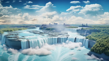 Morning time with the fog in Niagara falls New york wallpaper in paper art and craft design concept and animation. Created using generative AI.