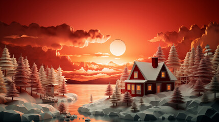 Vanilla sky with Red house in Norway background in paper art and craft design concept. Created using generative AI.