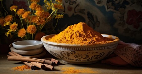 Turmeric powder in a wooden bowl with cinnamon star anise and few spices in the background