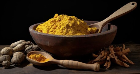 Turmeric powder in a wooden bowl with cinnamon star anise and few spices in the background