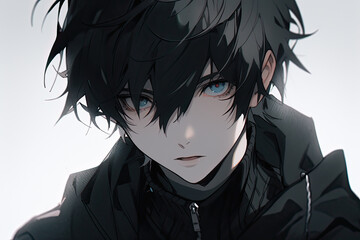 Fototapeta premium Anime Man With Black Hair On White Background
