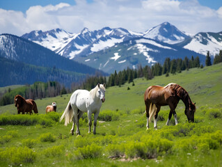Fototapeta na wymiar Serene Mountain Landscape with Wild Horses Grazing Amidst Misty Peaks