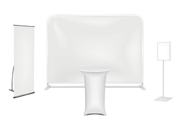 Exhibition set template. Blank white cocktail table, L-banner stand, backdrop display, pedestal poster frame sign holder. Vector mock-up. Business trade show mockup kit - 648923873
